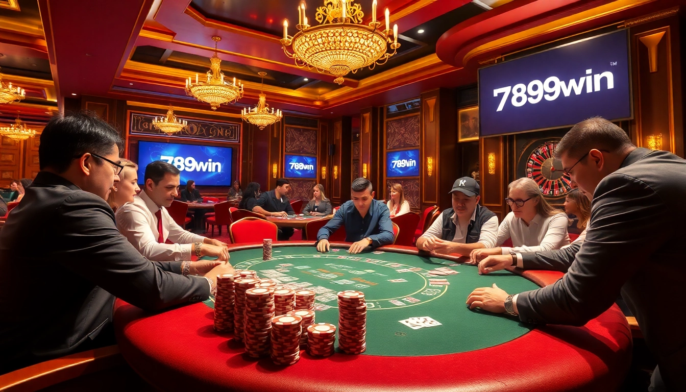 Engage in an exhilarating poker game at a luxurious 789win casino table with vibrant casino decor.
