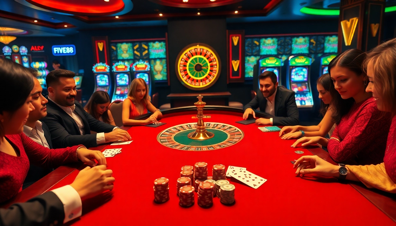 Players engaged at a FIVE88 poker table, capturing the thrill of high-stakes gambling and excitement.