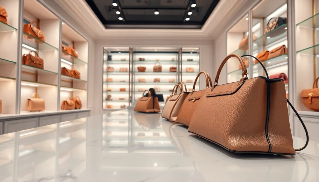 럭셔리 레플리카 가방이 전시된 우아한 부티크 쇼핑 공간