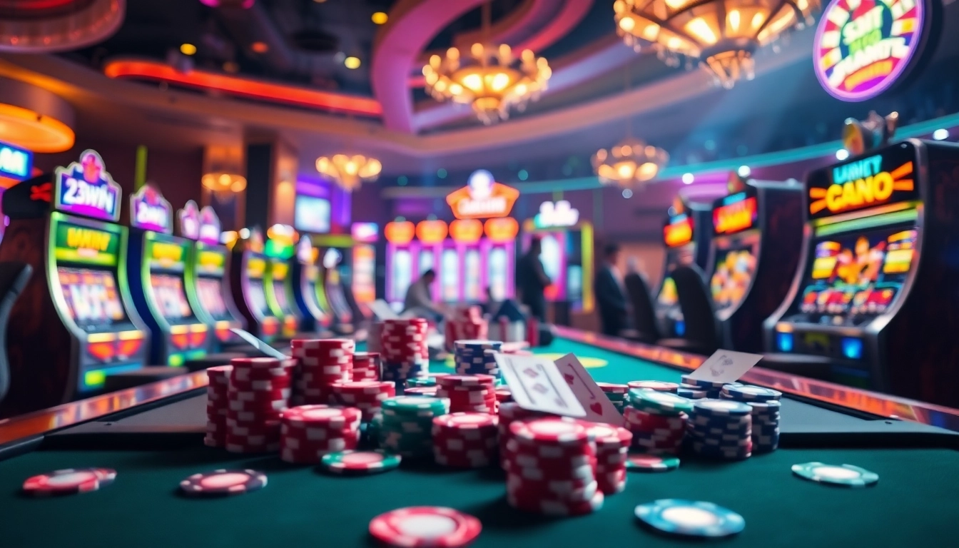 Experience exciting betting at 23win with vibrant slot machines and colorful poker chips.