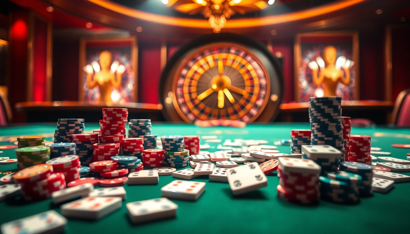 Dominoqiu gameplay with colorful poker chips and cards in a vibrant casino scene.