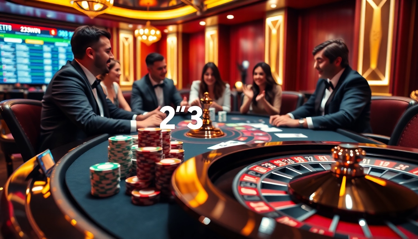 Players enjoying a thrilling poker game at 23win with vibrant casino elements and betting excitement.