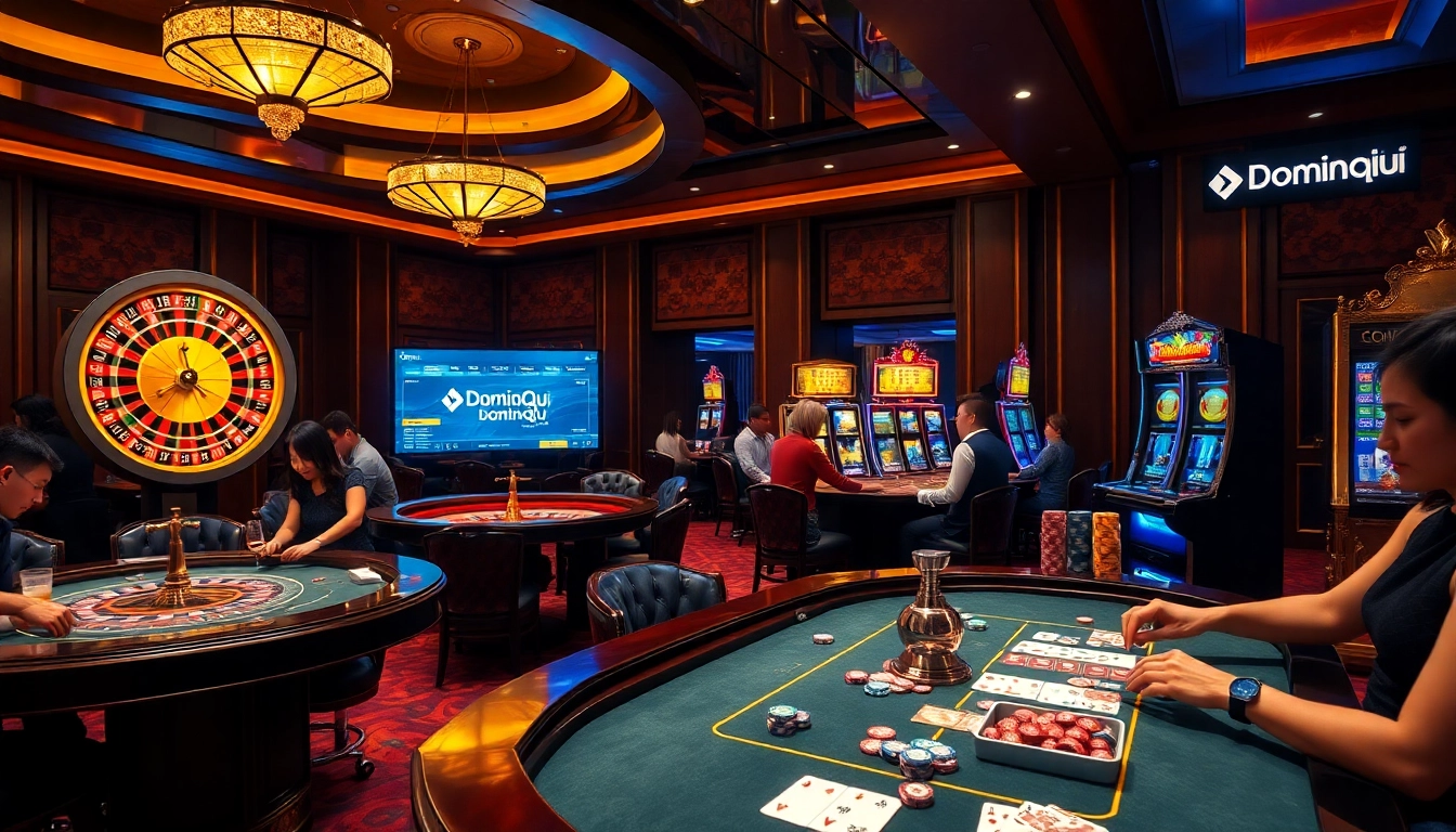 Experience thrilling gameplay at Dominoqiu with vibrant casino tables and engaging poker games.