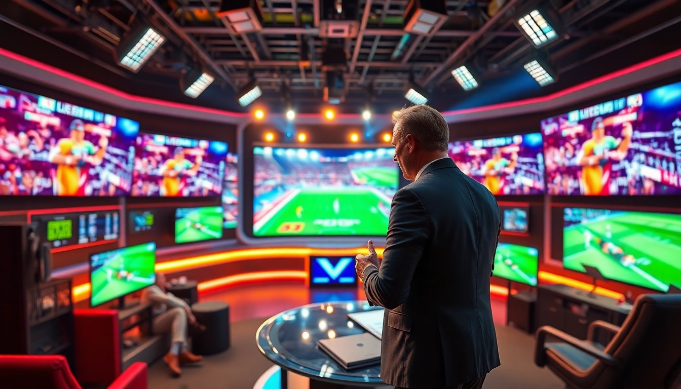 Dynamic sports broadcasting studio featuring multiple screens and an engaging host.