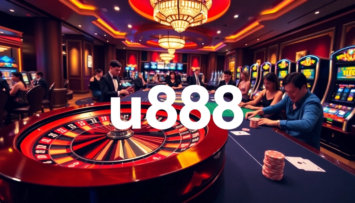 Exciting casino atmosphere capturing u888 players engaging at roulette and poker tables.