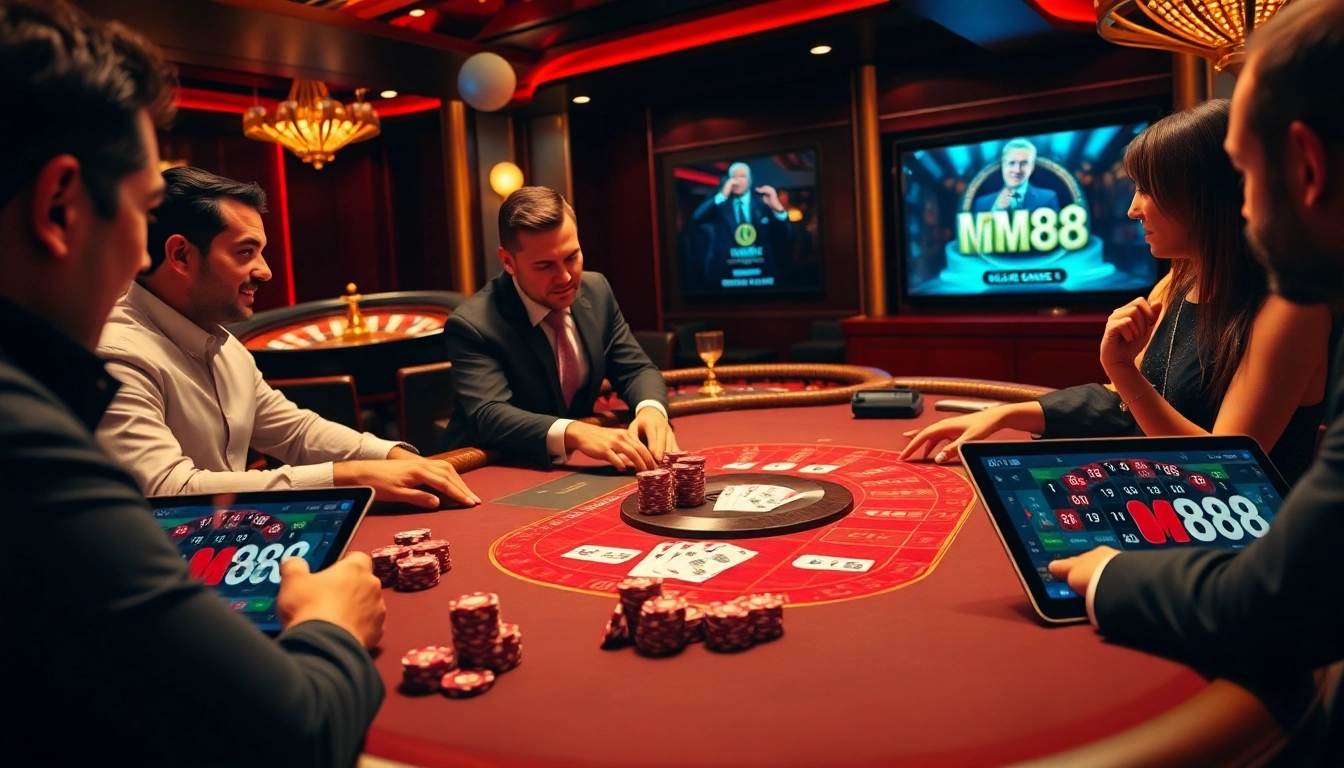 MM88 poker table scene featuring dealers and exciting gaming action in a luxurious casino atmosphere.
