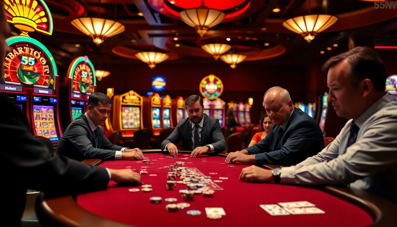 Experience thrilling gameplay at a poker table in a luxurious casino environment, featuring the 55WW slot machines.