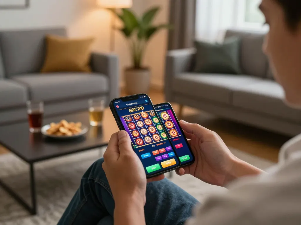w188 vip mobile gaming experience with vibrant casino app on smartphone in a cozy living room