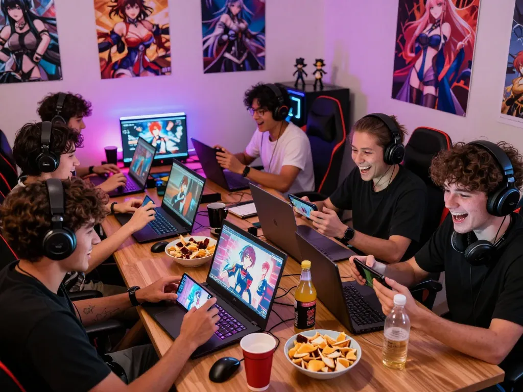 Engaged group playing exciting hentai games on mobile devices.