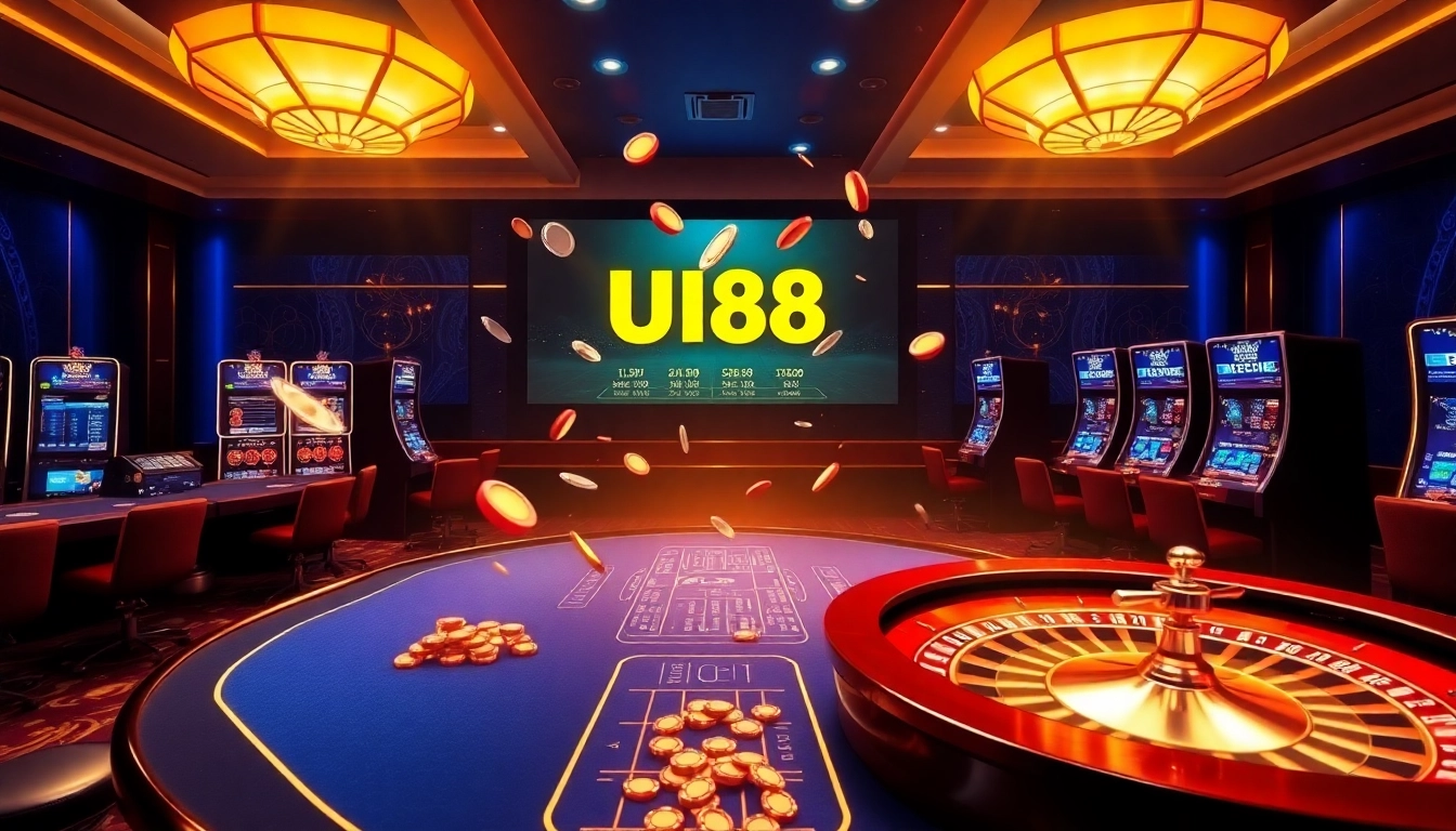 Experience the thrill of gambling at UU88 with engaging tables, chips, and a vibrant casino atmosphere.