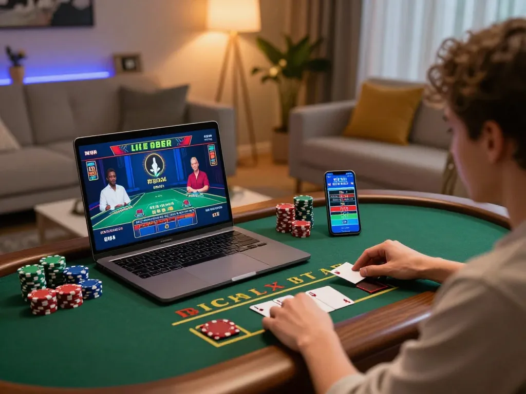 Engaging in online casino gaming at https://da88.navy/ with live dealer blackjack on a laptop, cozy atmosphere.