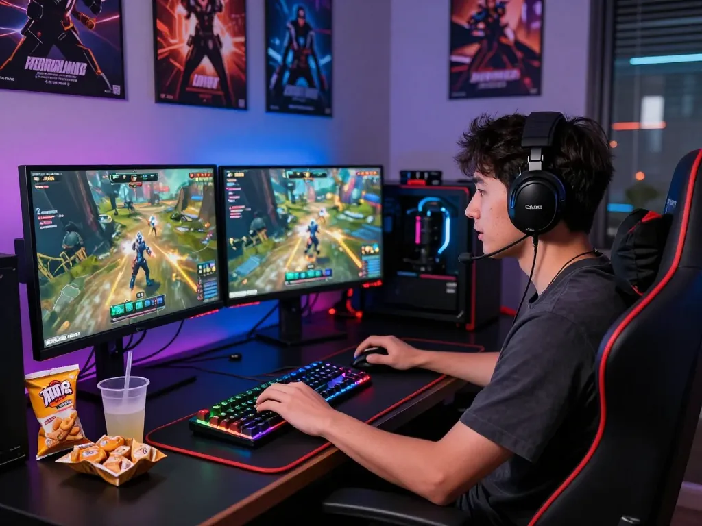 Gamer immersed in Go99 online gaming action, surrounded by high-tech gear and vibrant gaming atmosphere.