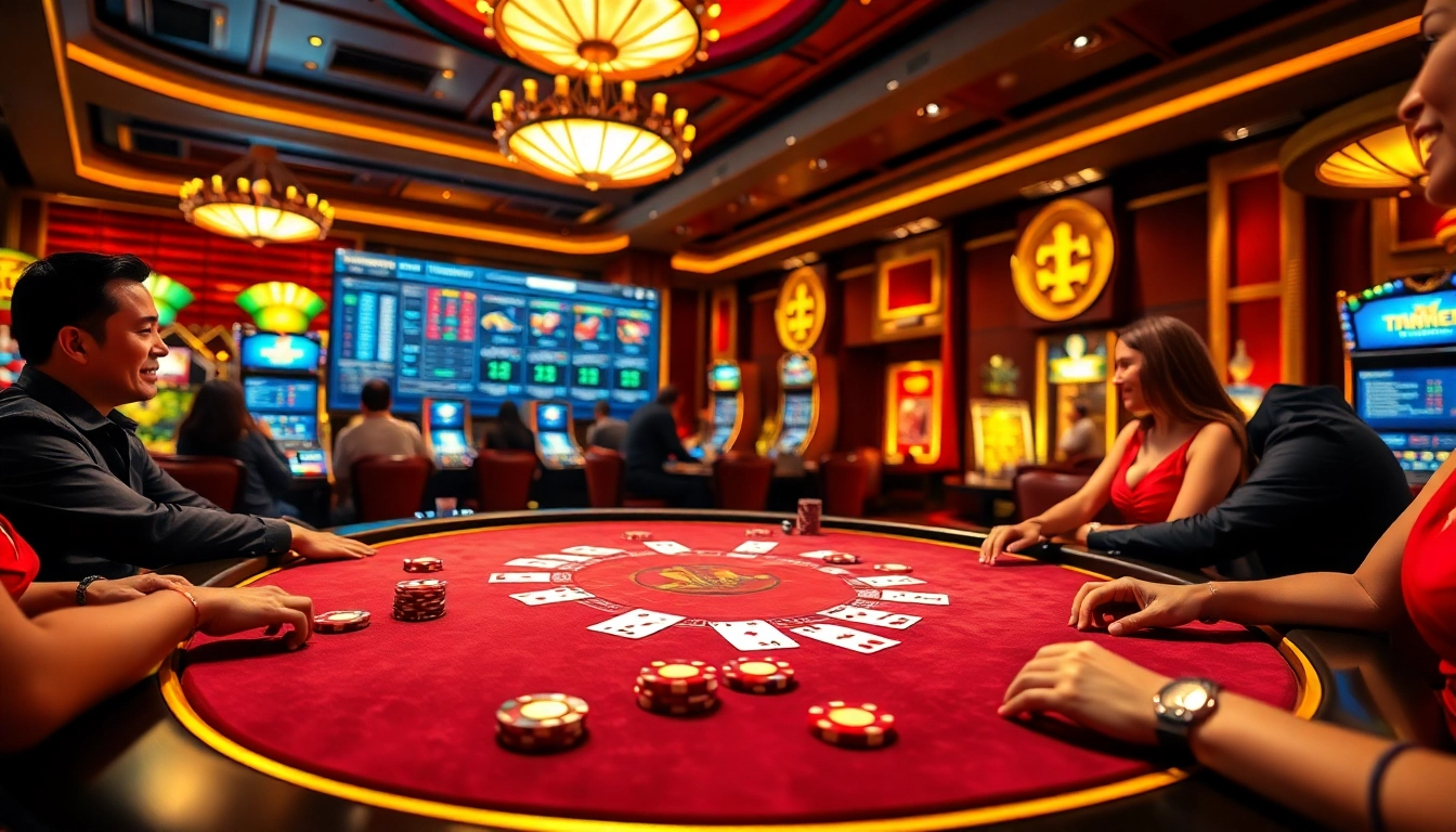 Excited players enjoying a poker game with thabet link in a luxurious casino ambiance.