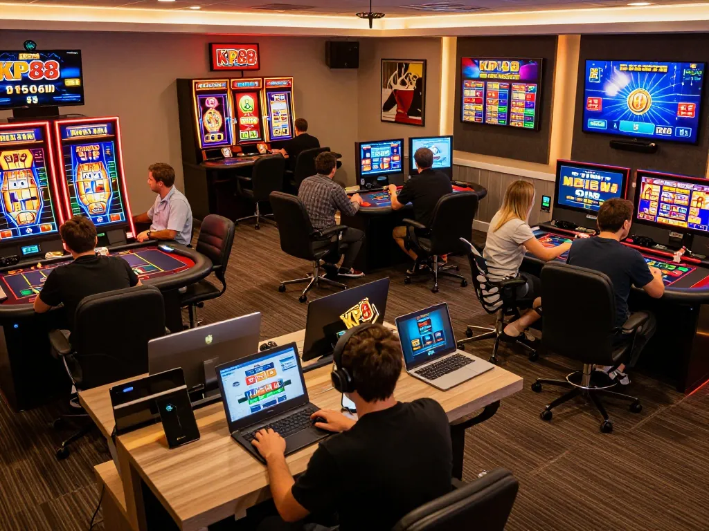 KP88 players enjoying thrilling online casino games in a stylish home environment.