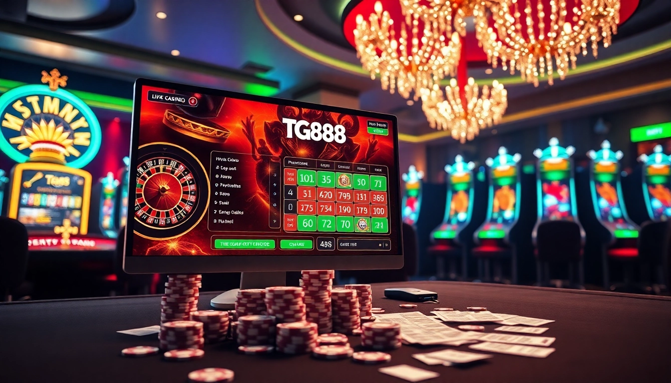 Experience the exciting world of TG88 with a vibrant online casino scene featuring roulette and slot machines.