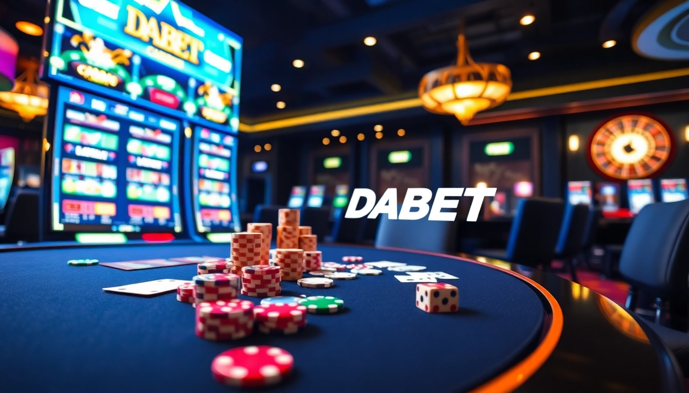 DABET offers exciting online gambling experience with poker chips and gaming tables.