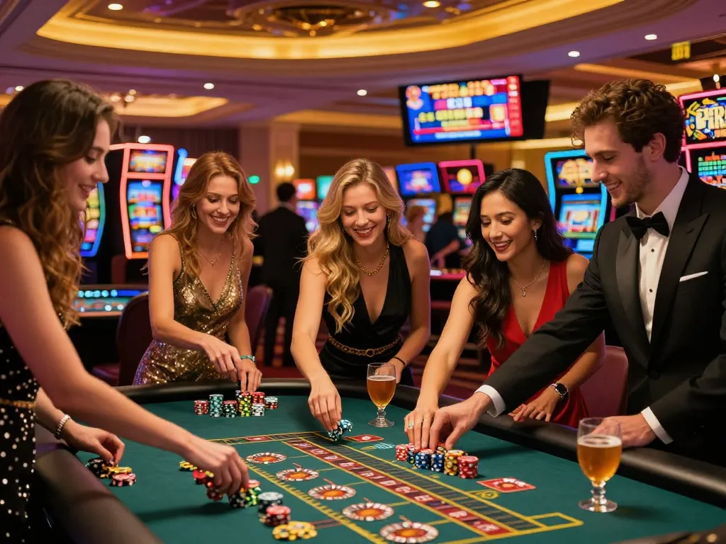 Excited friends at a gambling table in a lively casino celebrating their win, showcasing nhà cái uy tín activities.