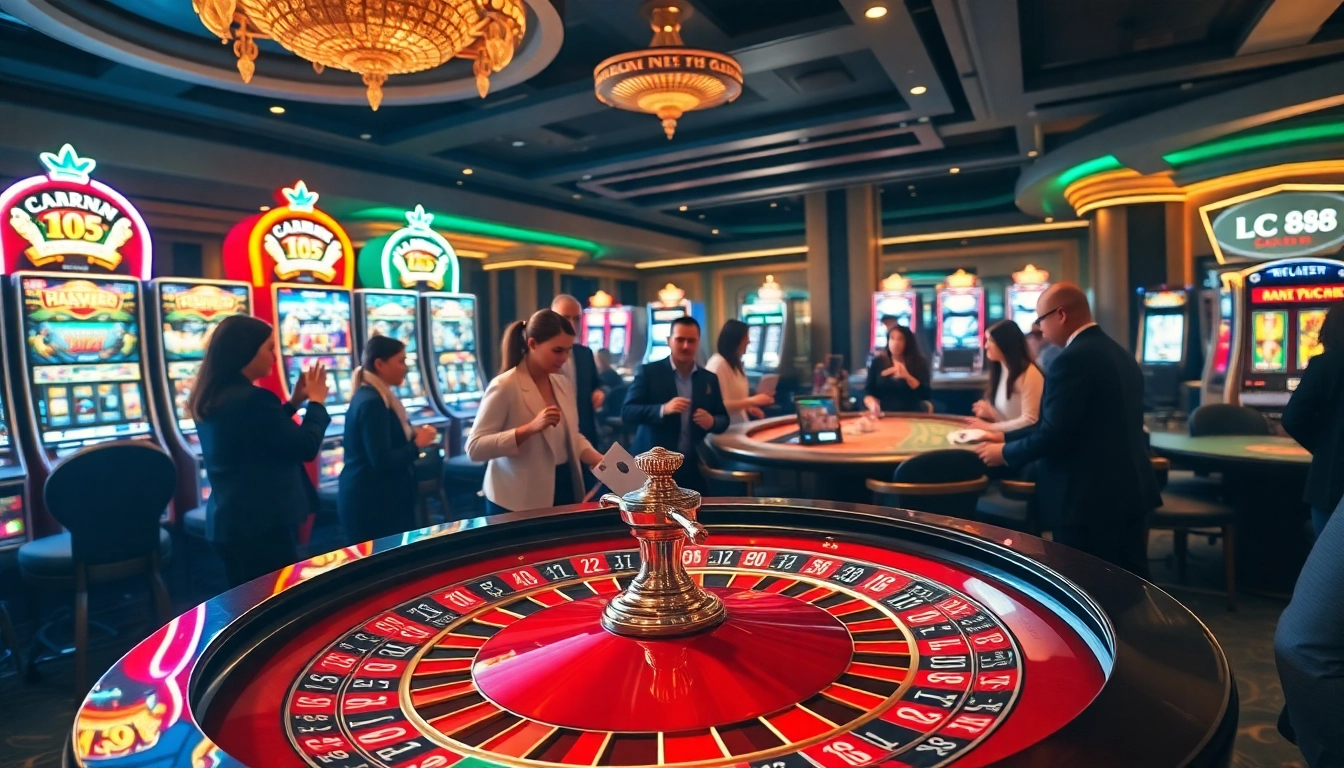 Experience the thrilling gaming atmosphere at LC 88's luxurious casino with vibrant roulette and blackjack tables.