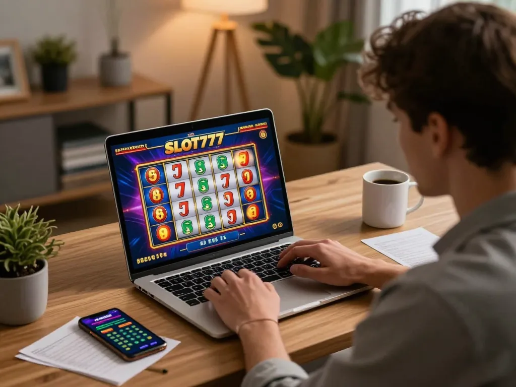 Player engaging with SLOT777 online casino game in warm home office setting, showcasing strategic gameplay.