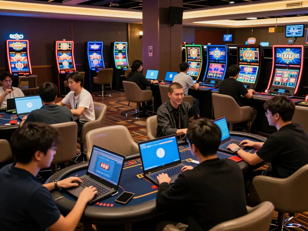 Online gaming scene featuring players enjoying poker on laptops at https://www.mnm88.com/, showcasing competitive spirit and camaraderie.