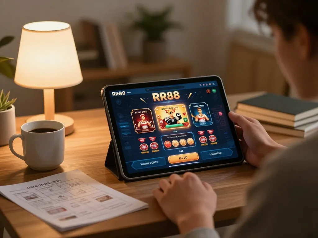 Player using RR88 KJC app on tablet for online gambling while enjoying a cozy home environment.