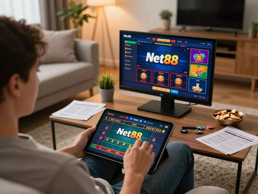 Player engaging with net88 online platform on tablet in cozy home environment, showcasing responsible gaming.