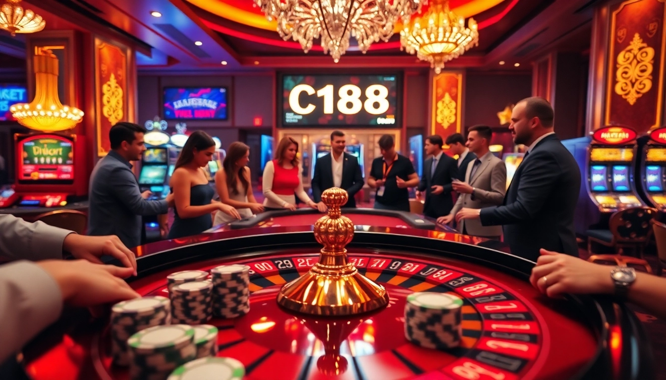 C168 casino, where players are excitedly betting at the roulette table surrounded by vibrant colors.