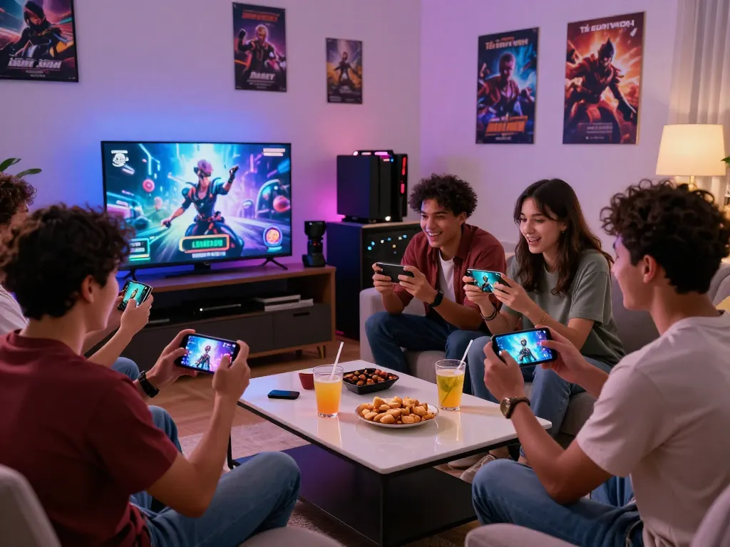 A group of friends excitedly playing and downloading tải sun win in a cozy living room, showcasing a modern gaming setup and snacks.