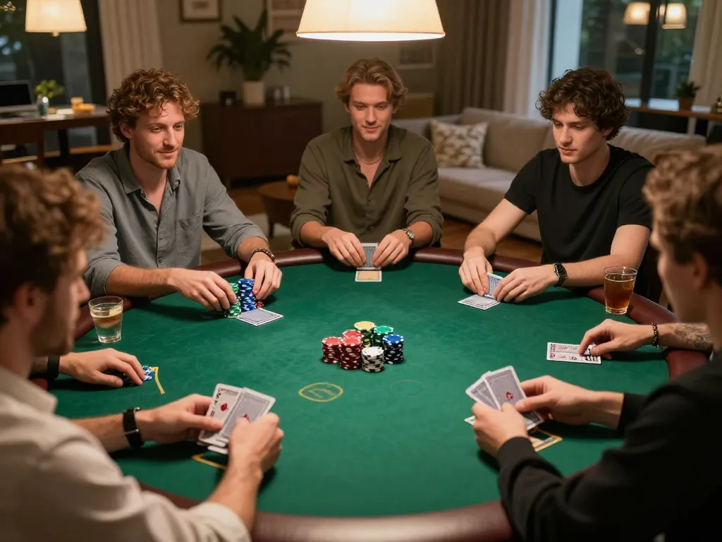 TA88 players engaging in an exciting home poker night, showcasing vibrant chips and cards in play.