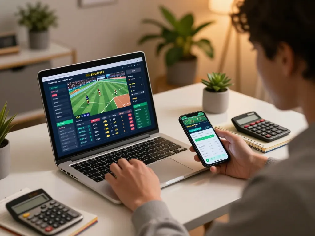 Engaged online sports betting using https://rr99aa.com/ with laptop and smartphone in focus, showcasing strategic gameplay.