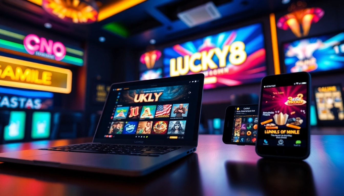 LUCKY8 online gaming platform interface in a vibrant gaming lounge.