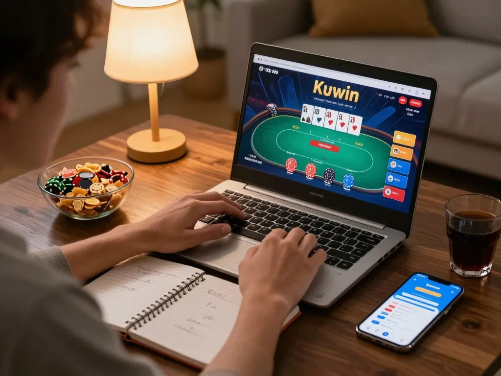 Kuwin user engaged in online poker gaming on a laptop with strategic notes and snacks nearby, emphasizing responsible gambling.