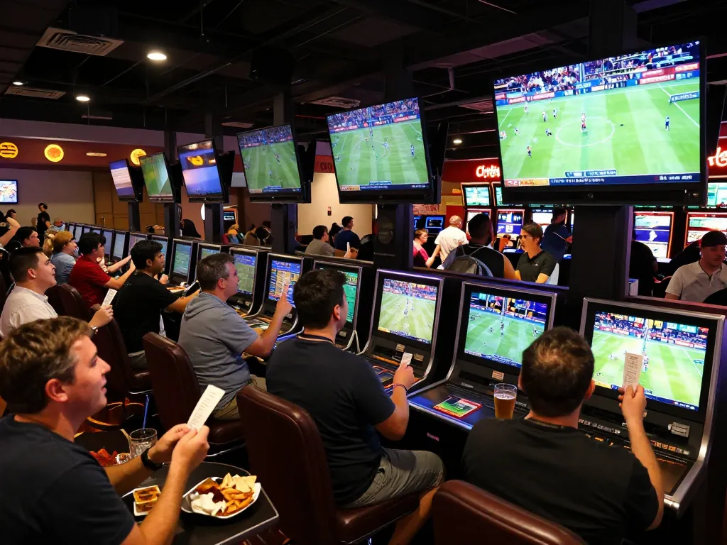 Tỷ lệ kèo nhà cái hôm nay visual depicting excited bettors placing wagers during a live sports event at a bustling casino.
