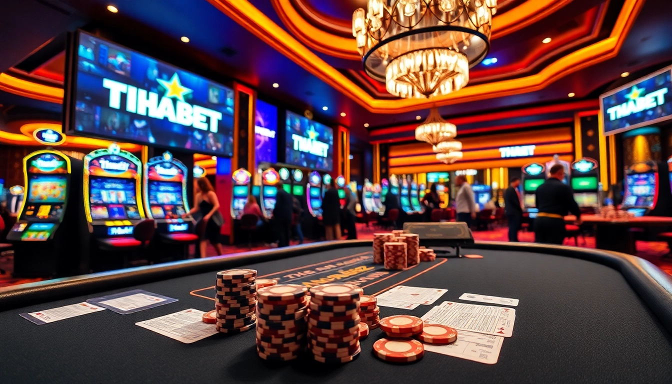 Engaging gambling scene at THABET with vibrant casino tables and slot machines.