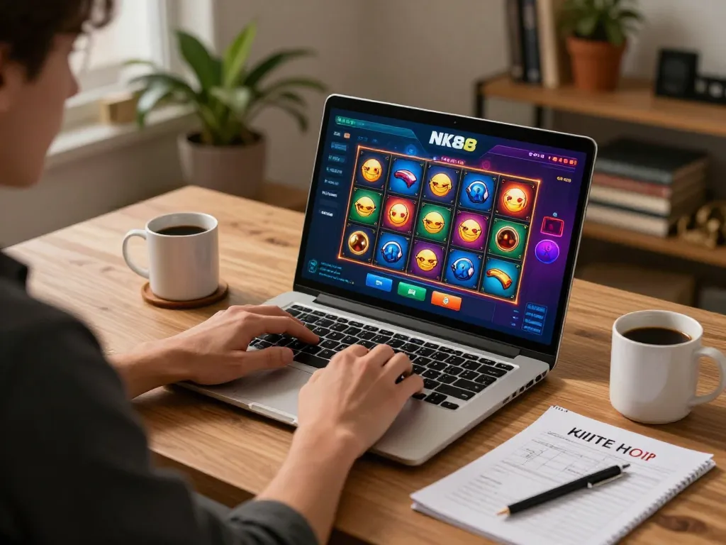 Engaging NK88 online gaming scene with a player using a laptop for slots, illustrating strategic gameplay