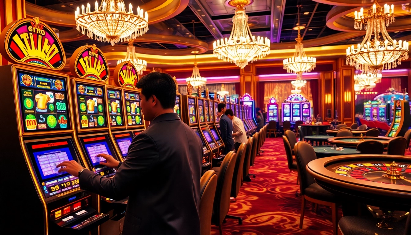 Nổ hũ slot machines illuminate the luxurious casino floor filled with gamblers and vibrant lighting.