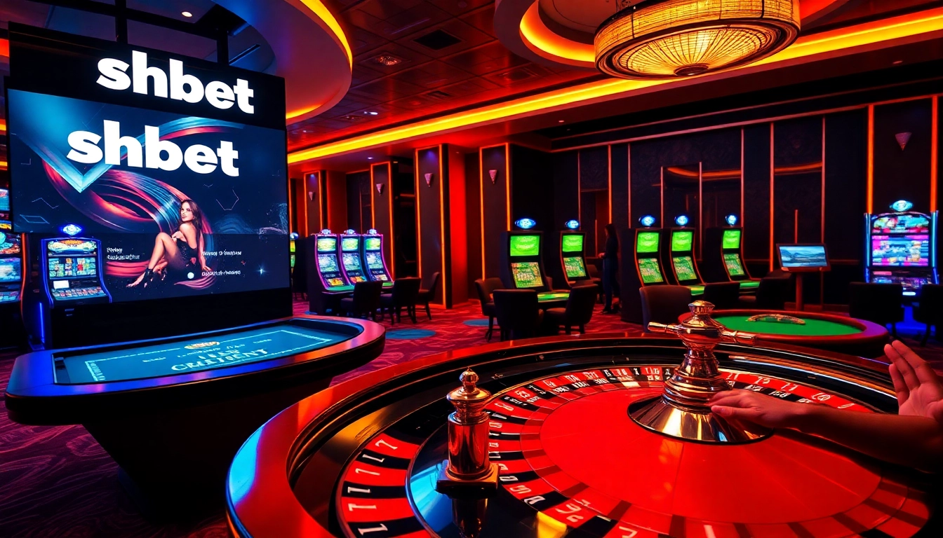 Engaging players at SHBET using modern roulette and poker tables under vibrant lights.
