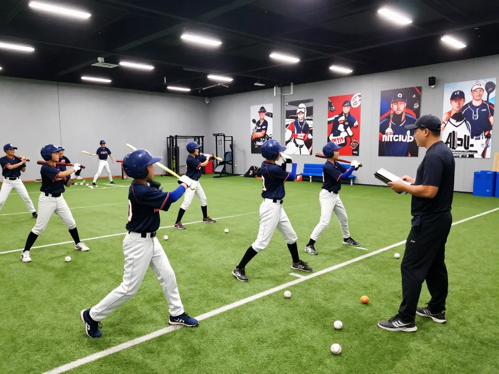 Young athletes training at Hitclub facility during baseball practice, showcasing teamwork and dedication.