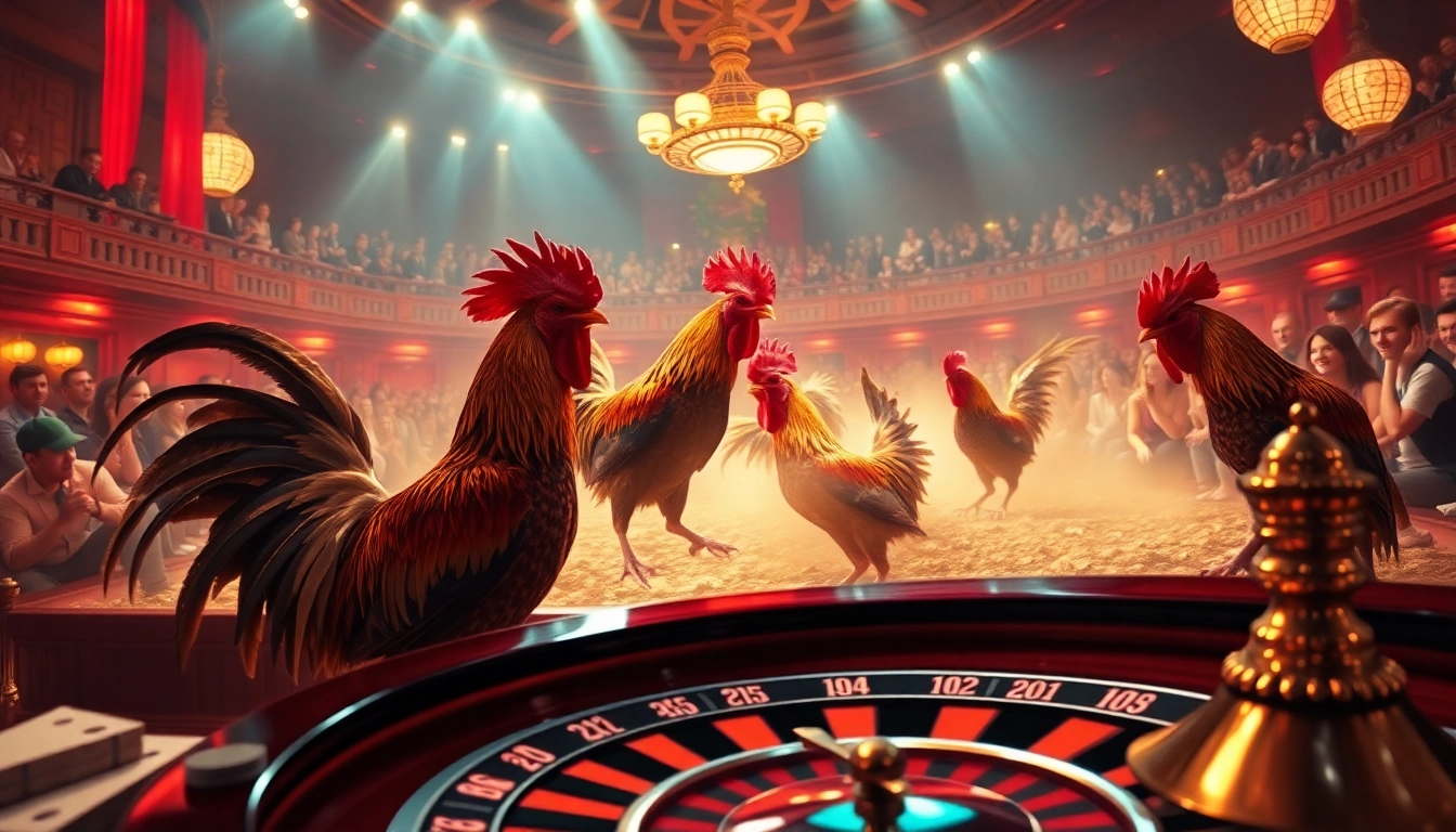 Exciting scene of trực tiếp đá gà featuring a live match with vibrant audience interactions and betting elements.