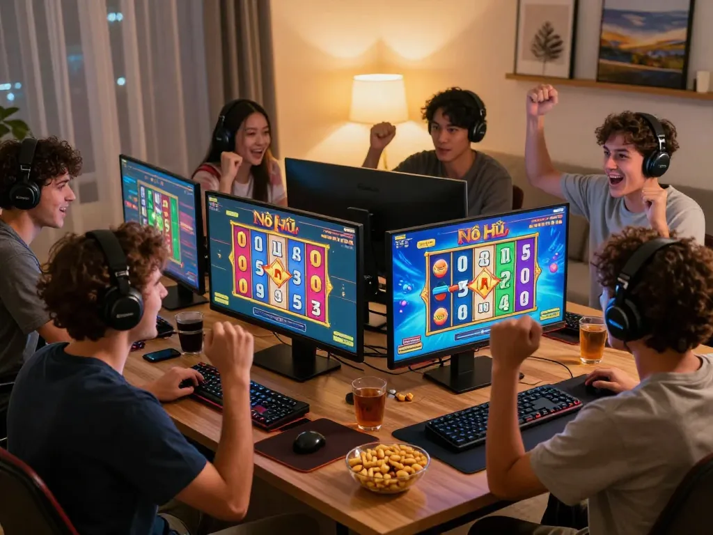 Nổ Hũ online gaming experience with players cheering and engaging in slot games in a vibrant home setting.