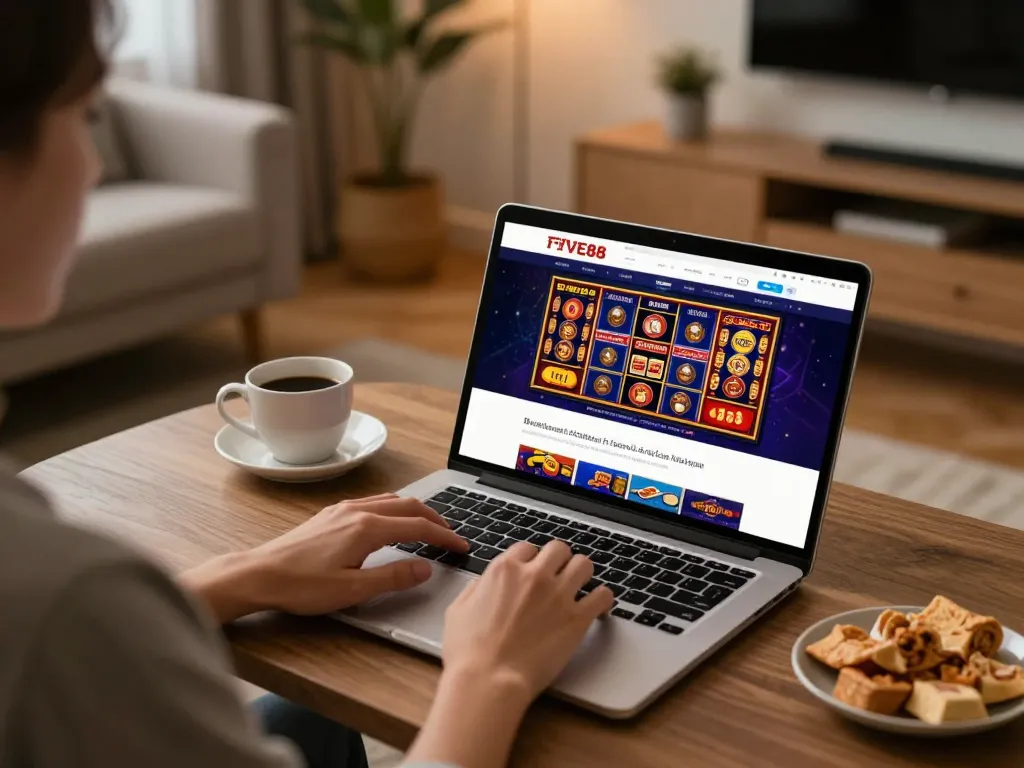 Engaging with online gaming at FIVE88 on a laptop in a cozy home setting.