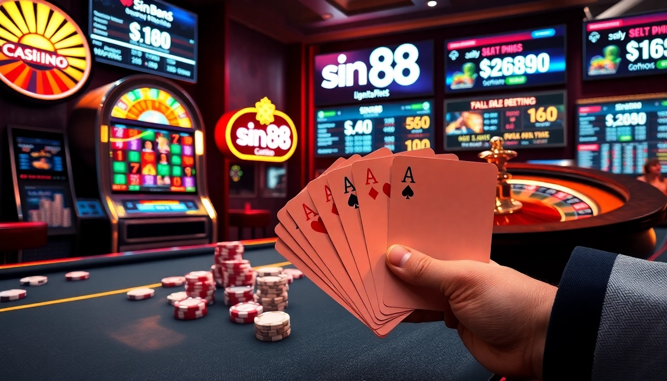 Experience the thrill of sin88 in a vibrant online casino atmosphere with chips and a roulette wheel.