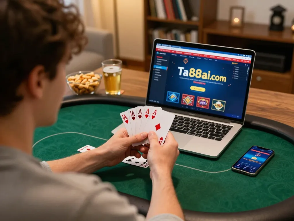 Player enjoying a thrilling hand on ta88ai.com during an online poker game, surrounded by snacks and warm lighting.