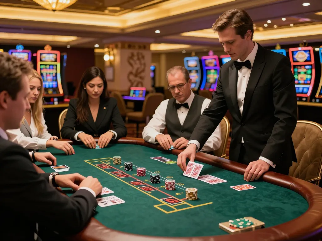 Players engaging in intense blackjack gameplay at ONE88's luxurious casino table with professional dealer.