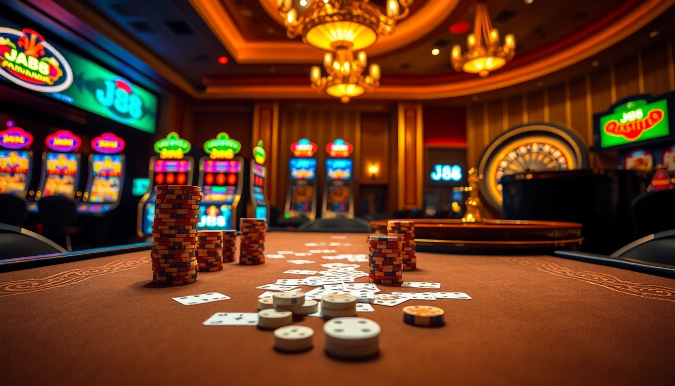 Gamble with excitement at J88 casino tables with vibrant cards, chips, and roulette wheels.