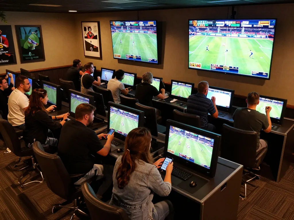 Engaged bettors placing bets at gg88gs sports betting lounge, enjoying the excitement of live games.