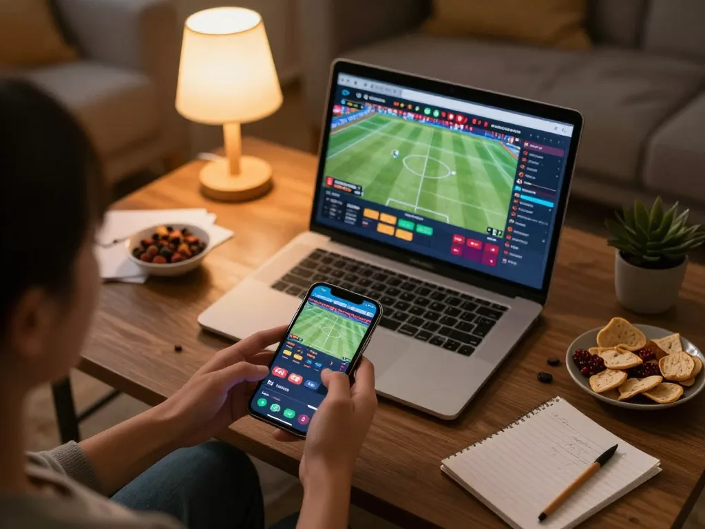 Engaging in live sports betting on the j188 app from a cozy home setup, showcasing excitement and strategy