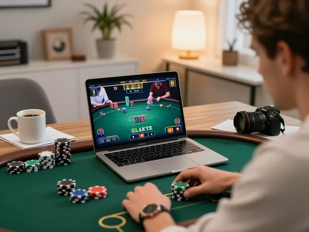 UU88 poker player engaging in online gaming session with laptop and strategy notes
