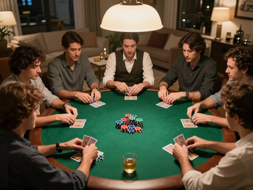 Players enjoy a strategic poker game at home with FIVE88 themed decor, showcasing friendly competition.