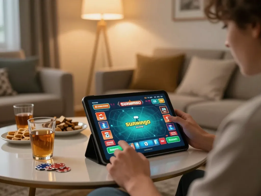 Engaging in the exciting Sunwingo online poker game on a tablet while enjoying snacks in a cozy home setting